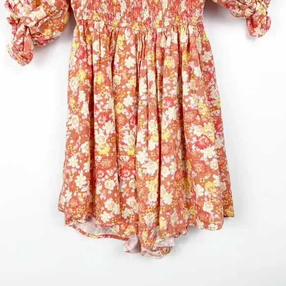 Free People Show Me Love Romper Orange Floral Puff Sleeve Smocked Womens Size S - Picture 12 of 14